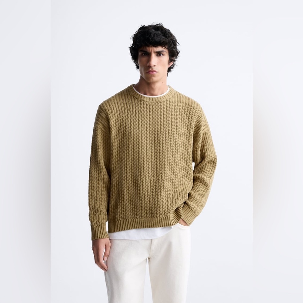 Zara Men Woven Textured Sweater Size L NWT Mustard Color